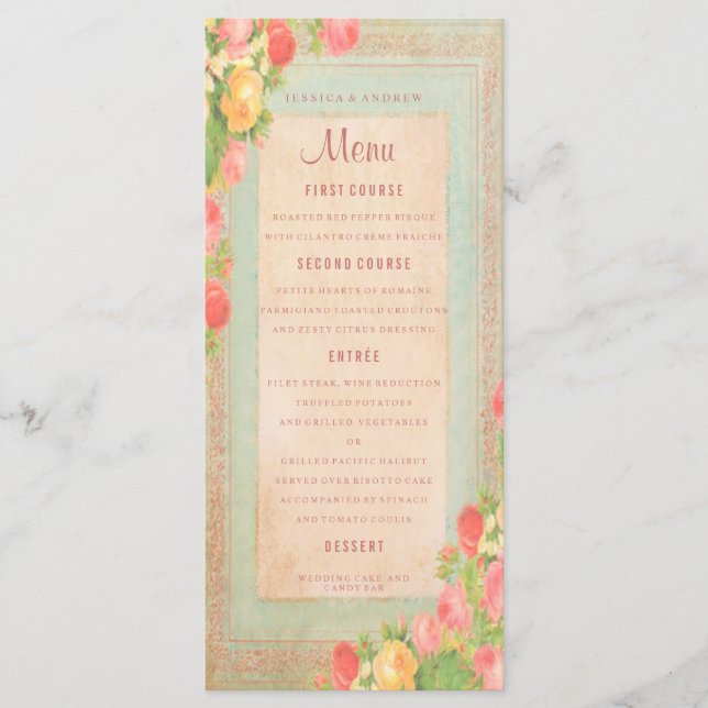 Menu de mariage aux roses vintage élégantes (Devant)
