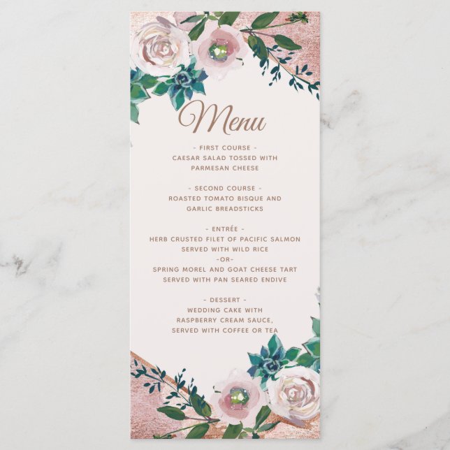 Menu de mariage aux succulents en or rose et rose  (Devant)