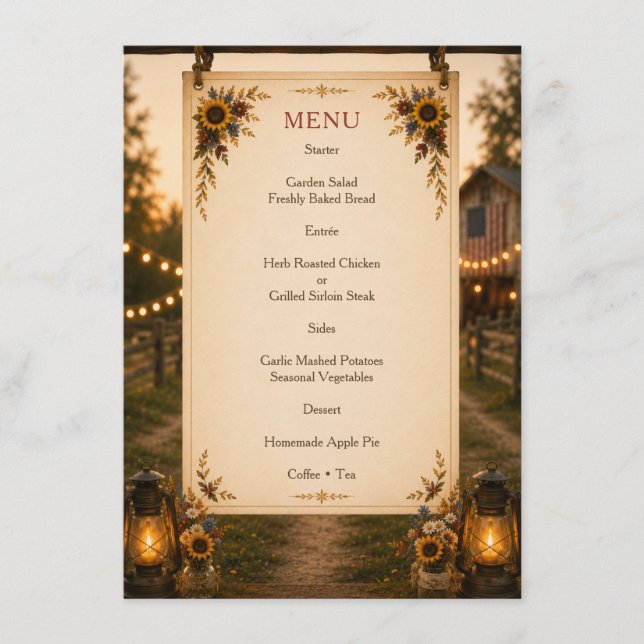 Menu de mariage aux tournesols Rustic Chic America (Devant)