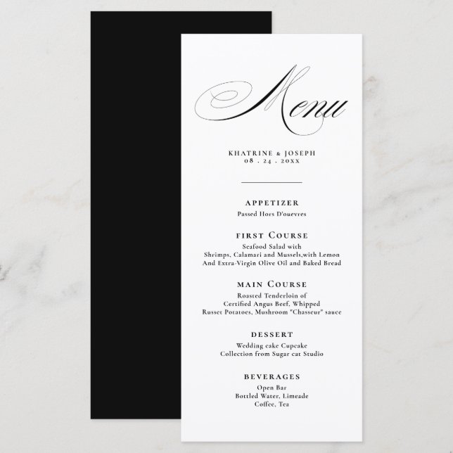 Menu de mariage avec détails de calligraphie scrip (Devant / Derrière)