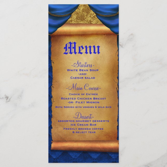 Menu de mariage avec drapés or et bleu royal (Devant)