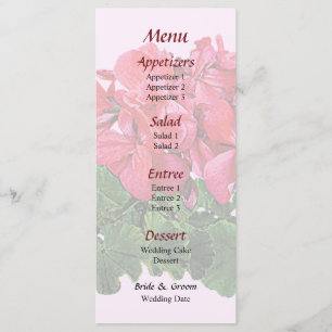 Menu de mariage avec géraniums rouges et boutons