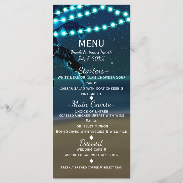 Menu de mariage avec guirlande lumineuse de la pla (Devant)