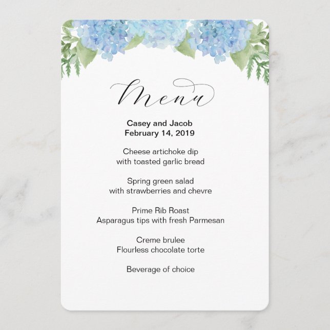 Menu de mariage avec les hortensias floraux bleus (Devant)