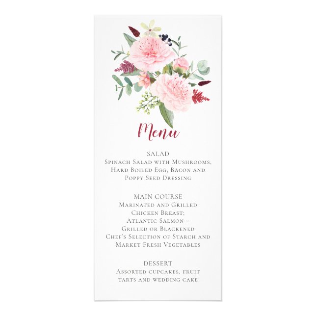 Menu de mariage avec pivoines roses et eucalyptus (Devant)