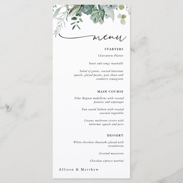Menu de mariage avec plantes grasses et eucalyptus (Devant)