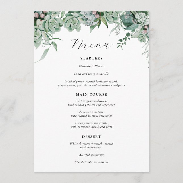 Menu de mariage avec plantes succulentes et d'euca (Devant)
