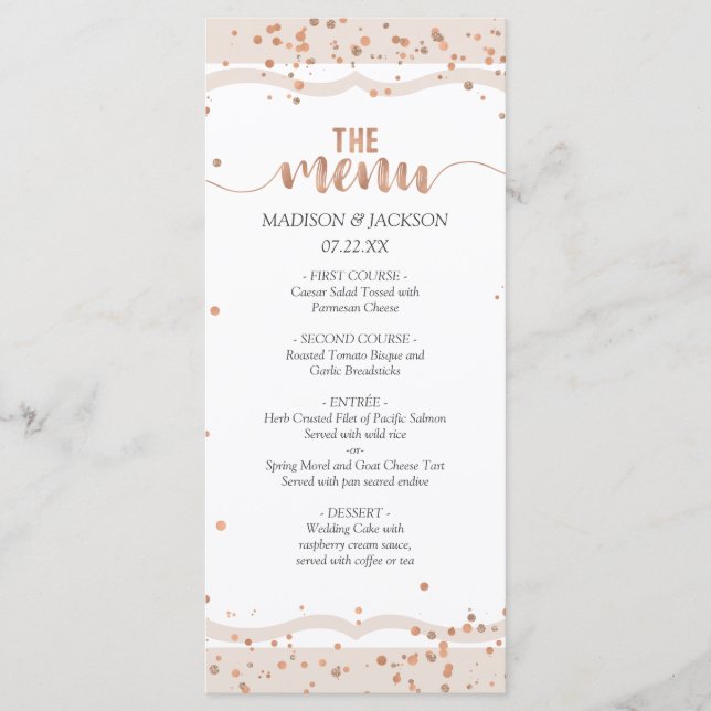 Menu de mariage avec rayures de sable et confettis (Devant)