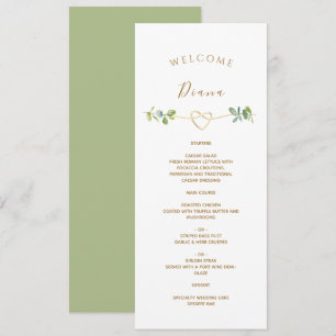 Menu de mariage avec verdure et nom de l'invité
