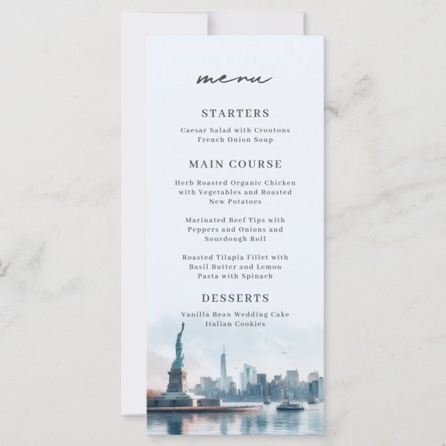 Menu de mariage avec vue sur New York en aquarelle (Devant)