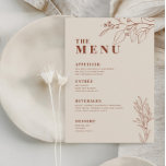 Menu de mariage beige boho avec illustrations flor<br><div class="desc">Ce menu est caractérisé par un style boho,  des illustrations florales,  des tons neutres et terreux,  et des couleurs beige,  avec un mélange de différents styles de polices,  souvent de différentes tailles,  pour créer un look unique et éclectique qui rend ces menus naturellement esthétiques.</div>