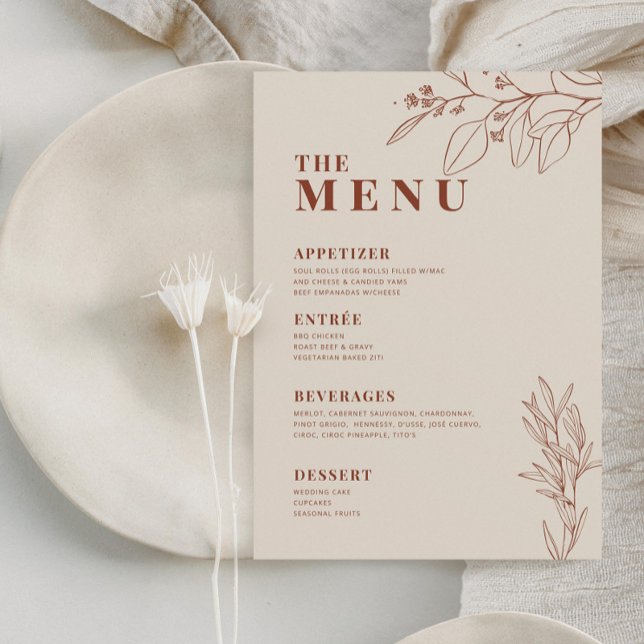 Menu de mariage beige boho avec illustrations flor (Créateur téléchargé)