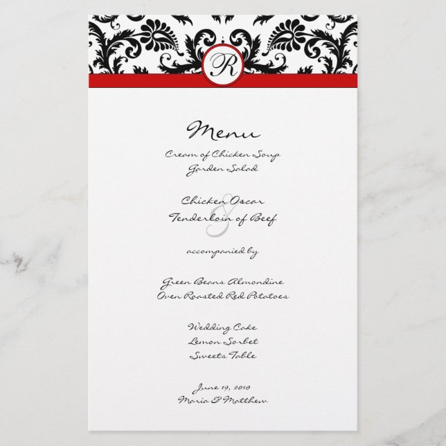 Menu de mariage Black Damask Red Trim (Devant)