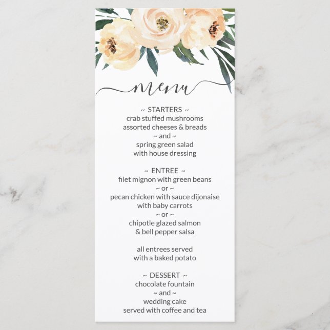 Menu de mariage blanc avec touche florale beige ro (Devant)