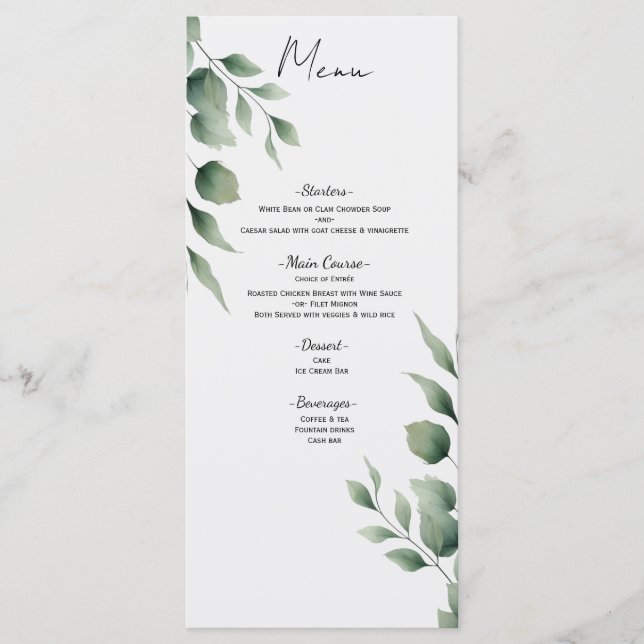 Menu de mariage blanc moderne avec feuillage minim (Devant)