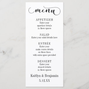 Menu de mariage blanc sur fond noir en typographie