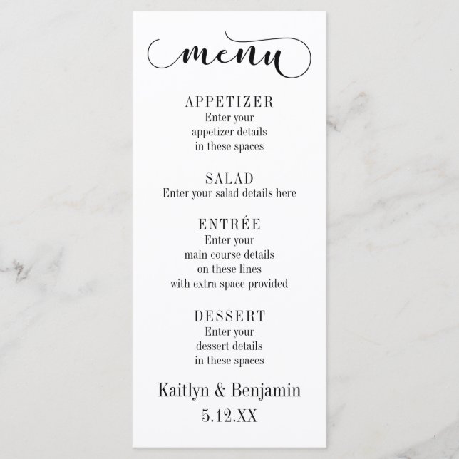 Menu de mariage blanc sur fond noir en typographie (Devant)