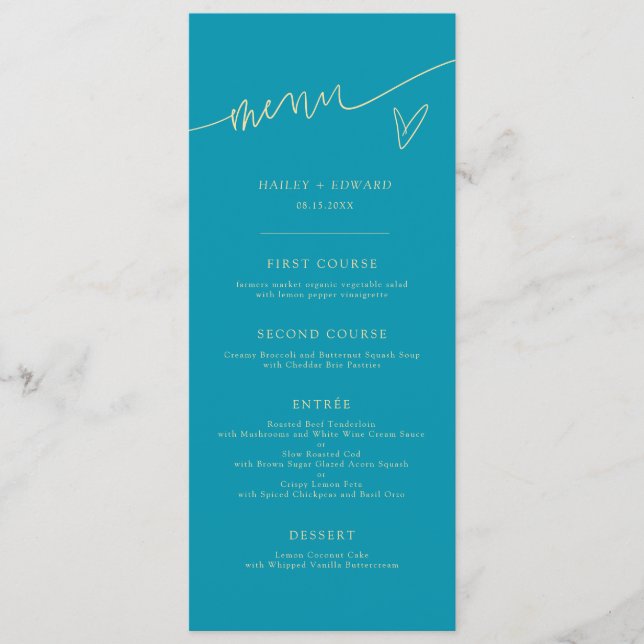 Menu de mariage bleu aqua écriture moderne (Devant)