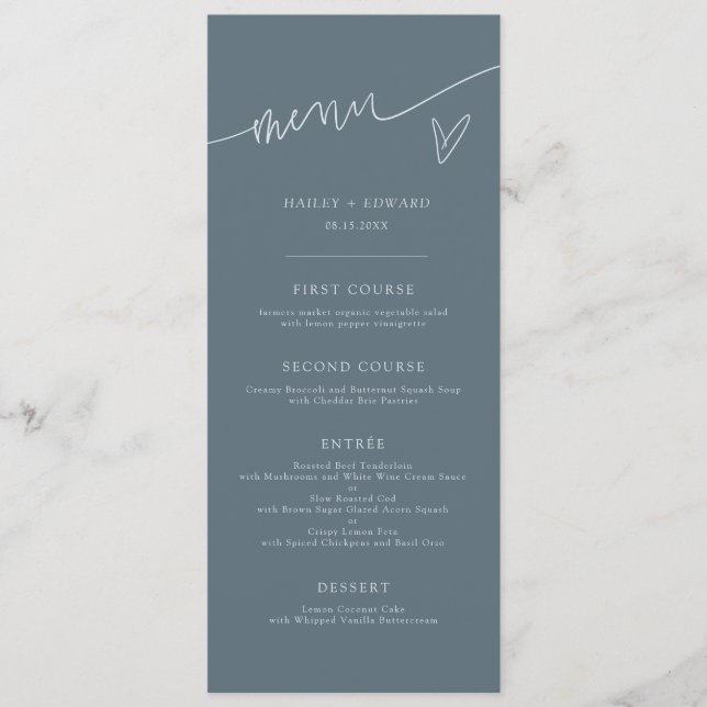Menu de mariage bleu ardoise écriture moderne (Devant)