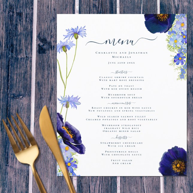 Menu de mariage bleu bohème moderne avec fleurs sa (Unique Wildflower blue boho personalized wedding menu for day of the wedding or rehearsal dinner)