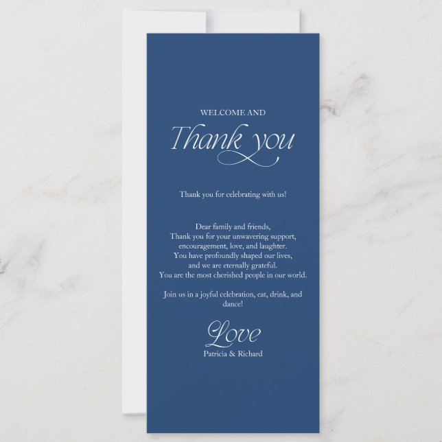 Menu de mariage Bleu Cobalt et carte de remercieme (Devant)