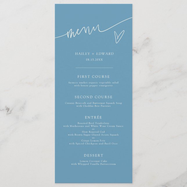 Menu de mariage bleu denim écriture moderne (Devant)