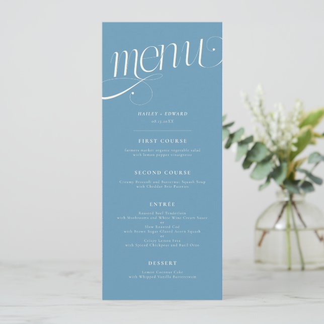 Menu de mariage bleu denim Elegant Swirl (Debout devant)