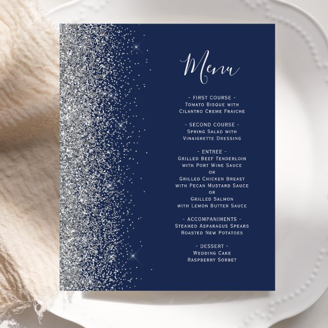 Menu de mariage bleu marine argenté avec bordure p (Créateur téléchargé)