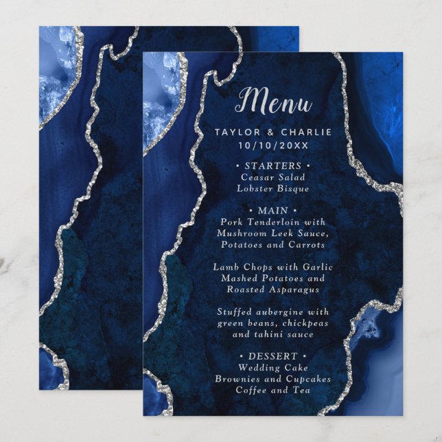 Menu de mariage Bleu marine et Agate argentée (Devant / Derrière)