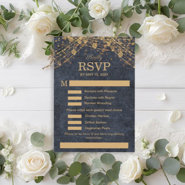 Menu de mariage bleu marine et or Rustique Glam RS (Rustic glam blue gold string lights wedding RSVP/meal choice card)
