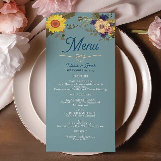 Menu de mariage bleu poussiéreux Boho Tournesol (Créateur téléchargé)
