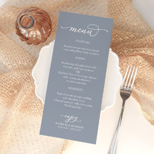 Menu de mariage bleu poussiéreux calligraphié élég