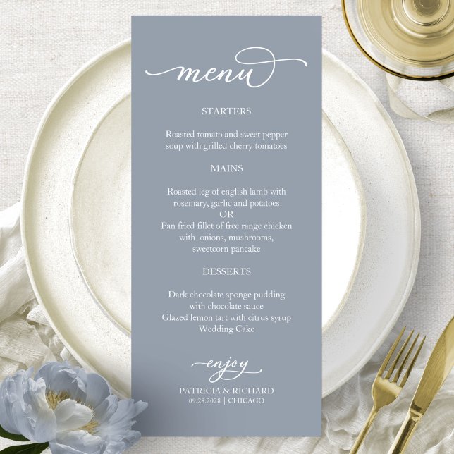 Menu de mariage bleu poussiéreux calligraphié élég (Créateur téléchargé)