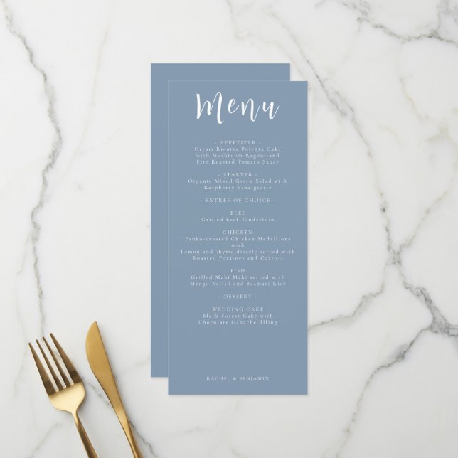 Menu de mariage bleu poussiéreux Élégant dîner de  (Devant/Arrière en situation)