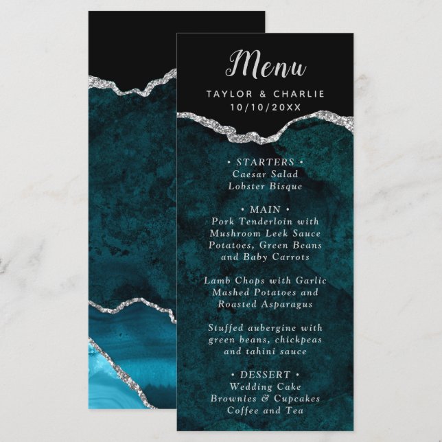 Menu de mariage Bleu sarcelle et Agate argentée (Devant / Derrière)