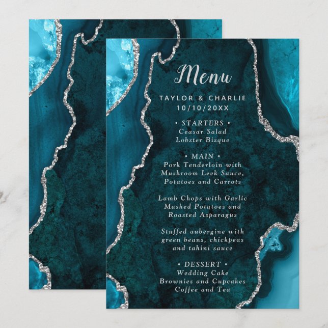 Menu de mariage Bleu sarcelle et Agate argentée (Devant / Derrière)