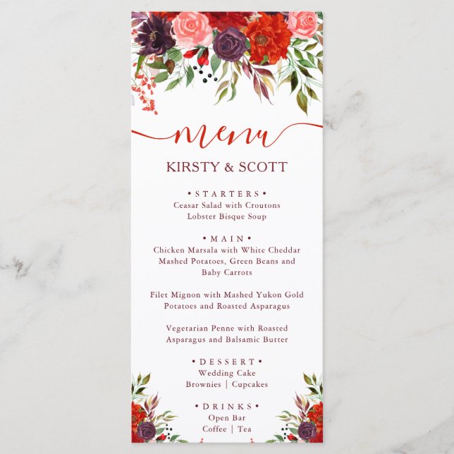 Menu de mariage Bohème aquarelle fleurs d'automne (Devant)
