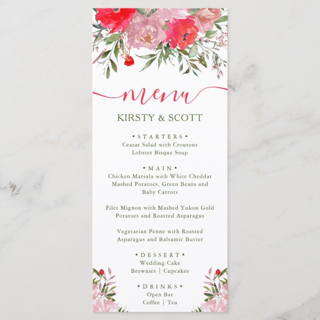 Menu de mariage bohème aquarelle fleurs d'été (Devant)