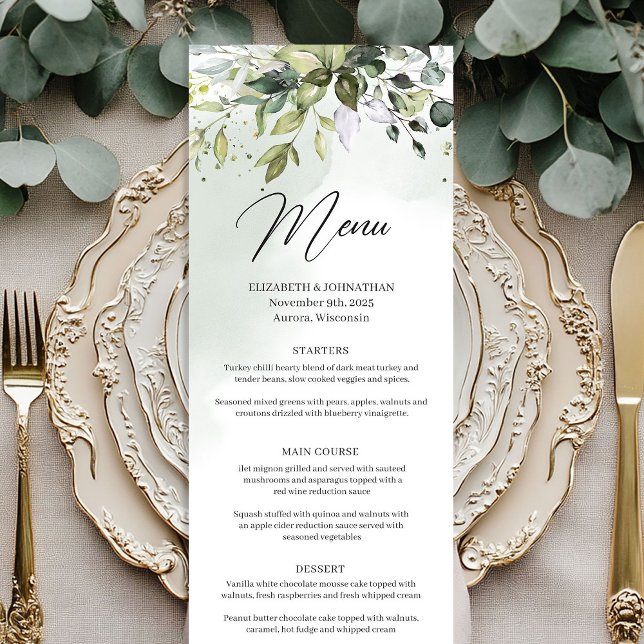 Menu de mariage bohème avec verdure et eucalyptus  (Boho greenery and gold eucalyptus wedding menu)