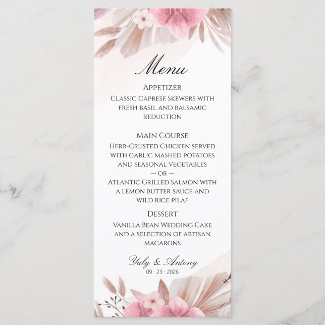 Menu de mariage bohème chic avec rose romantique e (Devant)