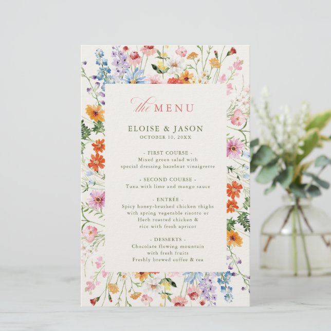 Menu de mariage bohème de jardin de prairie printa (Debout devant)