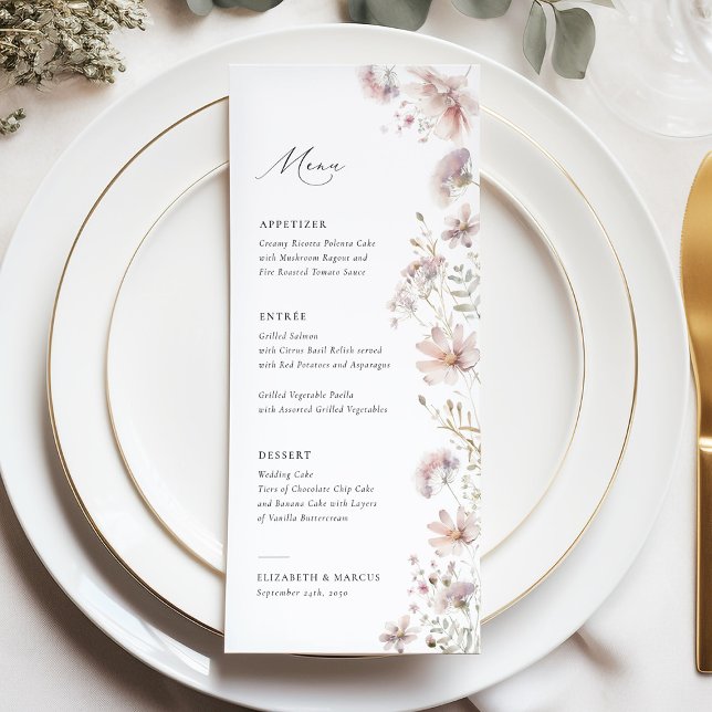 Menu de mariage bohème fleur sauvage rose (Blush wildflower boho wedding menu with soft floral design, elegant typography, romantic table style)