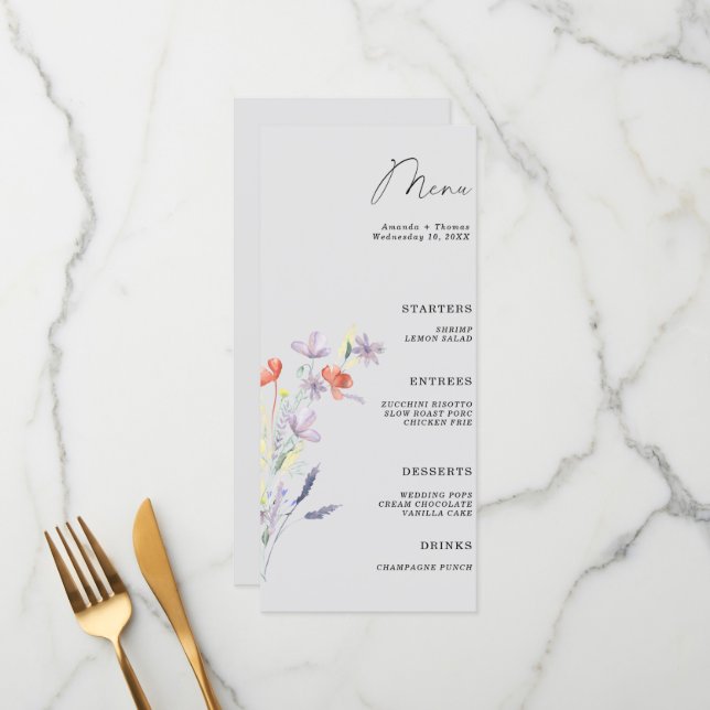 Menu de mariage bohème floral (Devant/Arrière en situation)