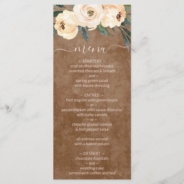 Menu de mariage bohème floral beige marron (Devant)