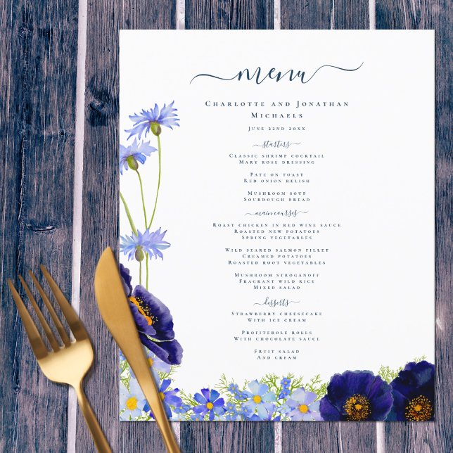 Menu de mariage bohème moderne à fleurs bleues (Wildflower watercolor blue personalized wedding menu original artwork by artist Catherine Sweetman)