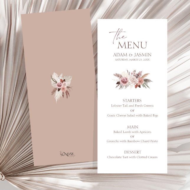 Menu de mariage bohème Pampas Rose Poussiéreux (Boho Dusty Pink Dried Flowers Pampas Grass Wedding Menu)