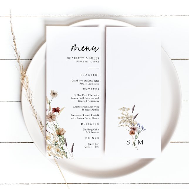Menu de mariage boho (White Wildflower Boho Wedding Menu with Monogram by Painted Paperie
)