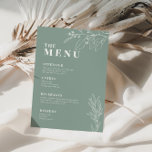 Menu de mariage boho vert sauge avec illustration<br><div class="desc">Ce menu est caractérisé par un style bohème,  des illustrations florales et une couleur vert sauge,  avec un mélange de différents styles de police,  souvent de tailles différentes,  pour créer un look unique et éclectique qui rend ces menus naturellement esthétiques.</div>