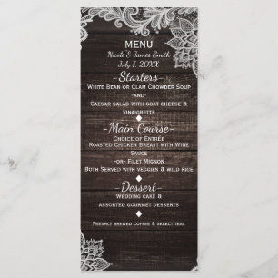 Menu de mariage Bois Rustique Foncé & Dentelle Élé
