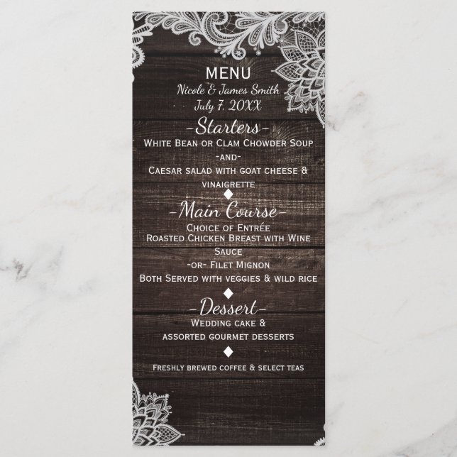 Menu de mariage Bois rustique foncé et dentelle él (Devant)